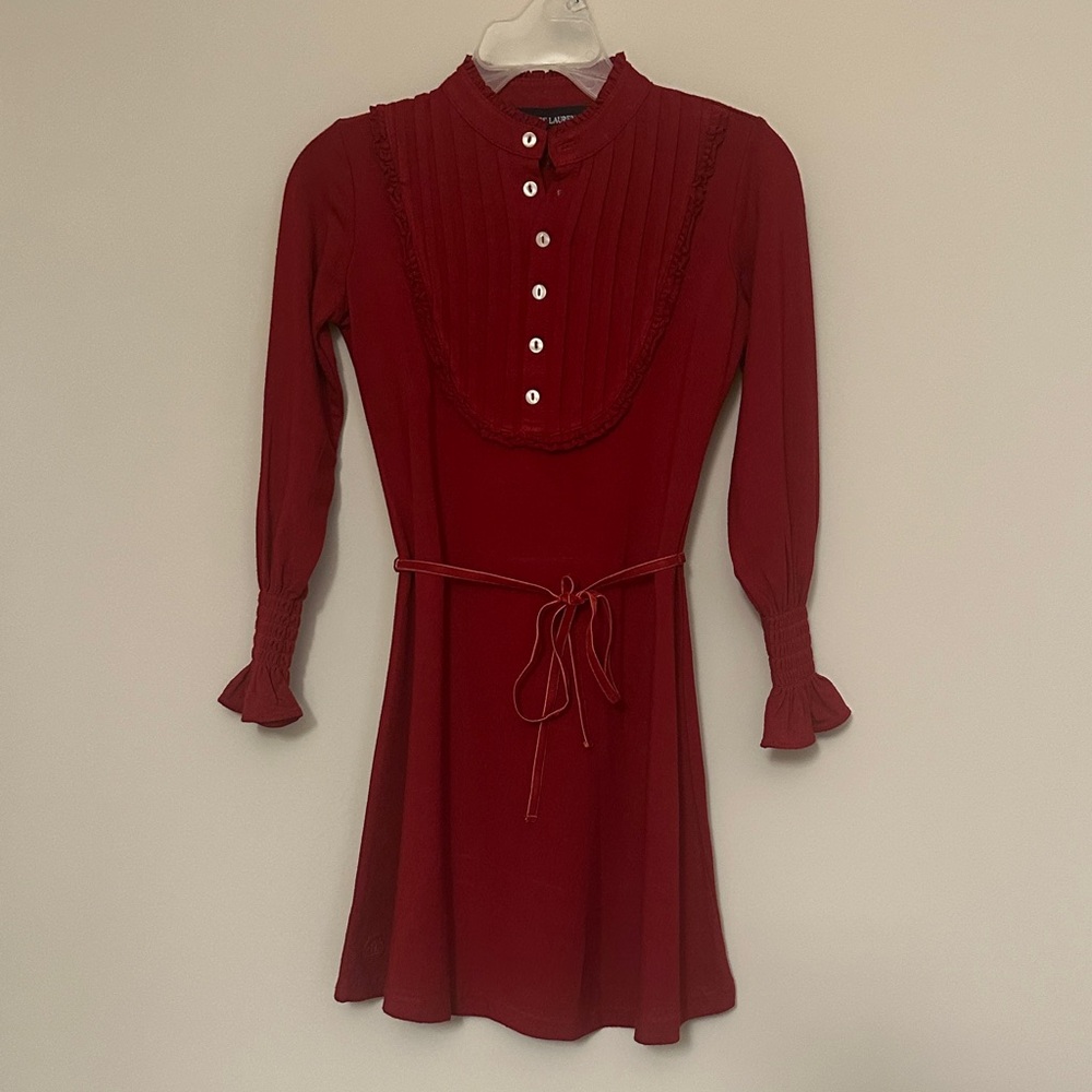 Ralph Lauren Burgundy Long-Sleeve Dress with Tie Waist